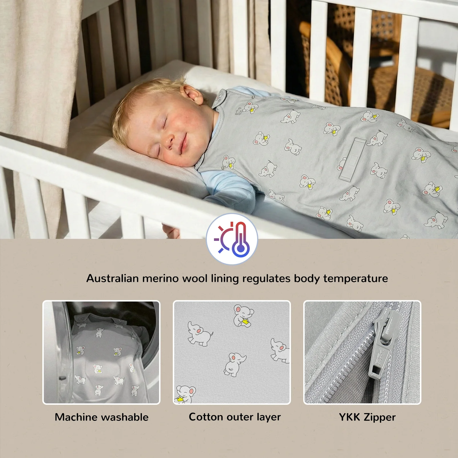 All-Season Merino Sleep sack - Snackyphant Grey - Image 5